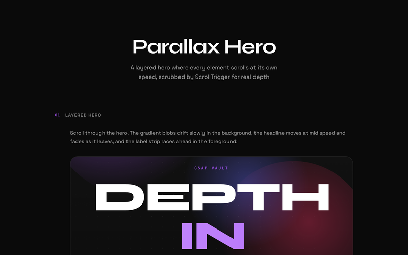 Parallax Hero - A layered hero section where background blobs, headline, and foreground labels scroll at different speeds, creating scrubbed parallax depth
