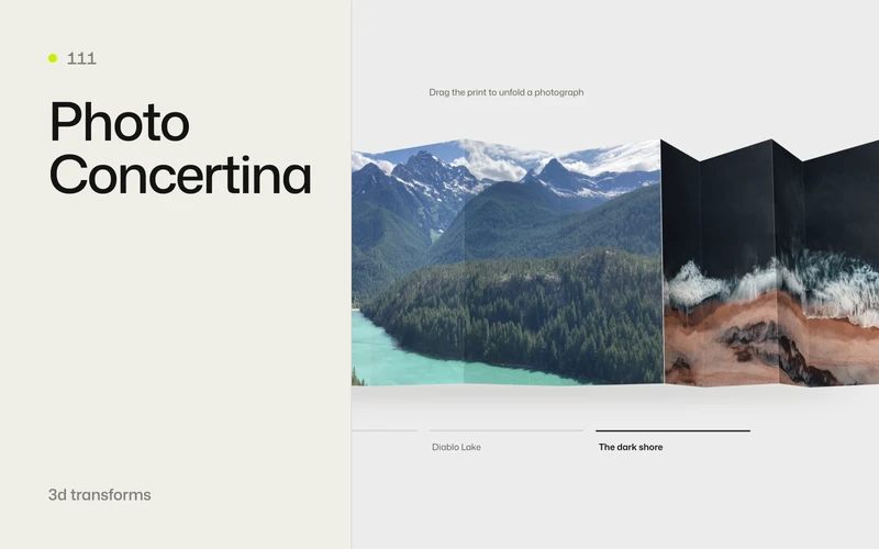 Three connected photographs with the selected print flat and neighbouring prints folded into dimensional pleats