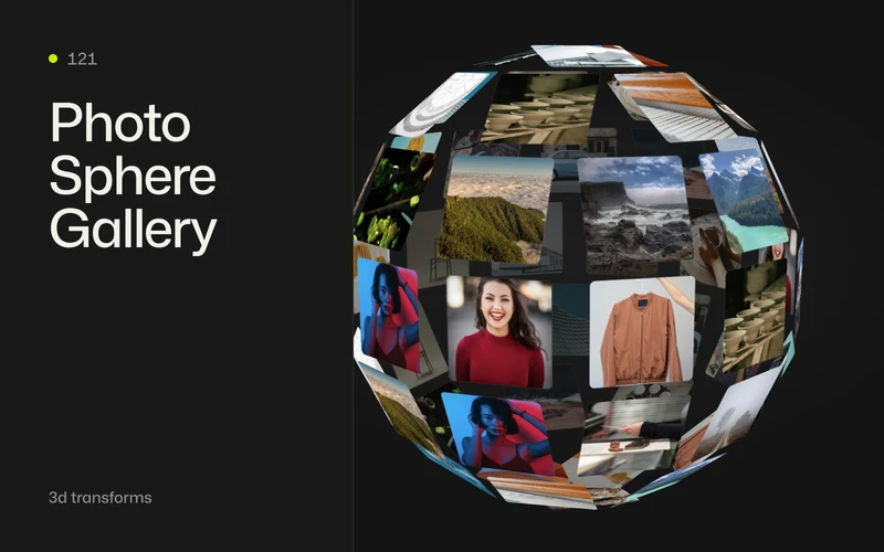 Photo Sphere Gallery effect with photo cards wrapped around a spinning 3D globe