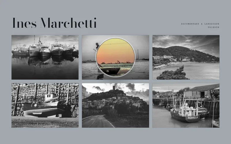 Photography Portfolio Template - A complete one-page photographer's portfolio on a mid-tone gallery-wall ground, with a signature loupe: a circular magnifier that tracks the cursor across a desaturated contact sheet and is the only place colour appears