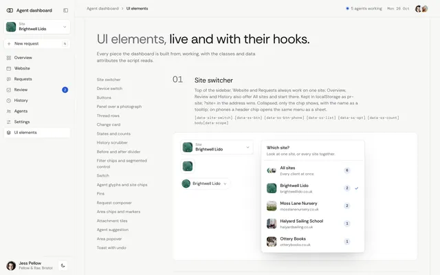 UI elements page of the AI Agent Dashboard template