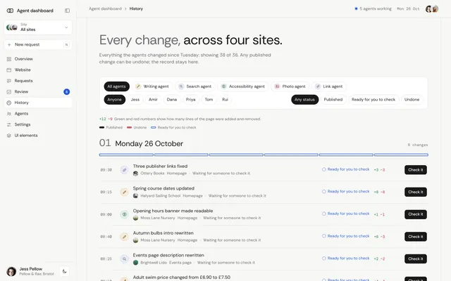 History page of the AI Agent Dashboard template