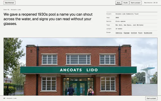 Ancoats Lido page of the Branding Agency Template template