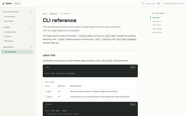 CLI reference page of the Documentation Site Template template