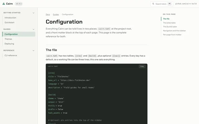 Configuration page of the Documentation Site Template template