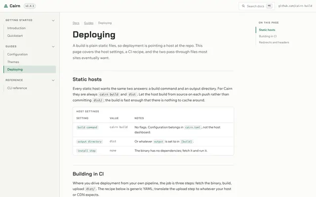 Deploying page of the Documentation Site Template template