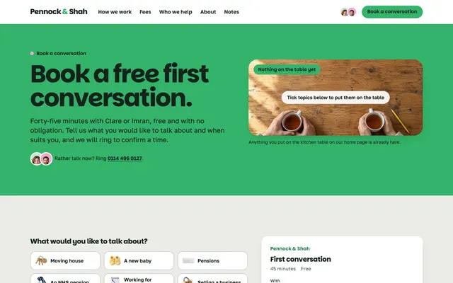Book a conversation page of the Financial Advisor Template template