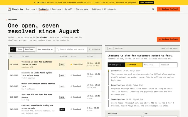 Incidents page of the Monitoring Dashboard template