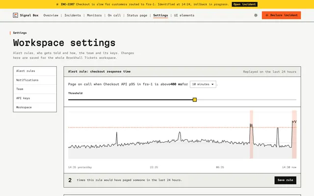 Settings page of the Monitoring Dashboard template