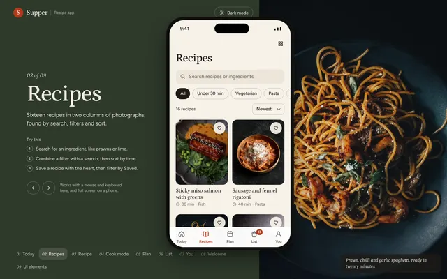 Recipes page of the Recipe App template
