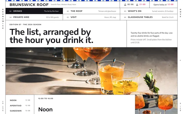01DrinksThe list by the hour page of the Rooftop Cocktail Bar template