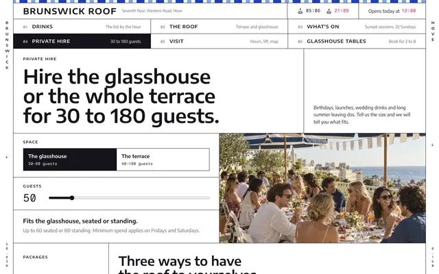 04Private Hire30 to 180 guests page of the Rooftop Cocktail Bar template