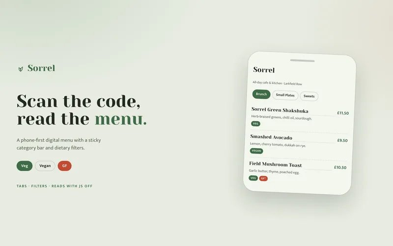 QR Table Menu Template - A phone-first digital menu made to open from a QR code at the table, with a sticky category bar that crossfades between sections and dietary chips that filter every dish at once