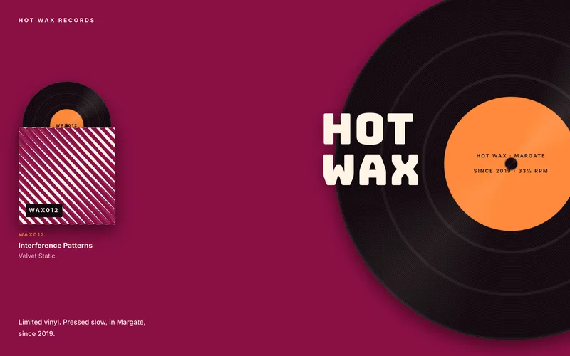 Record Label Template - A complete independent record label site on a saturated magenta ground, with a rack of designed vinyl sleeves whose records slide out and become genuinely drag-spinnable turntables with inertia, motion smear and an elastic settle