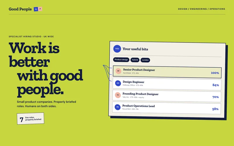 Recruitment Agency Template - A complete one-page recruitment agency template for specialist hiring studios, pairing candid editorial art direction with a kinetic talent-network hero, live Flip-powered role matching, a scroll-drawn three-step method, candidate stories, and a full employer brief dialog