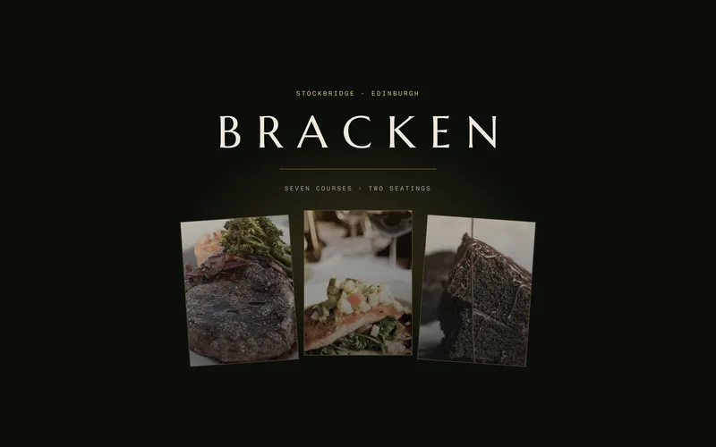 Restaurant Template - A complete one-page restaurant site with a candlelit dark art direction: full-bleed photo hero with a spaced-caps wordmark reveal, and a signature hover image trail that conjures dish photographs as the cursor moves across the tasting menu