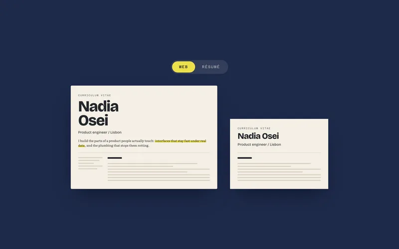 Resume Template - A personal CV site that morphs between two layouts: a signature Flip-driven toggle reflows the whole page from a spacious web resume into an A4 document, backed by a real print stylesheet so the site is also the PDF