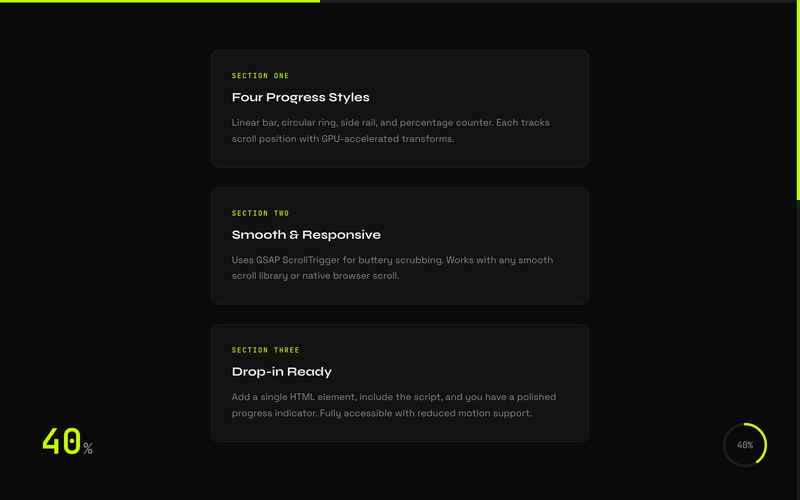 Scroll Progress Indicator - Four scroll progress visualization styles using GSAP ScrollTrigger