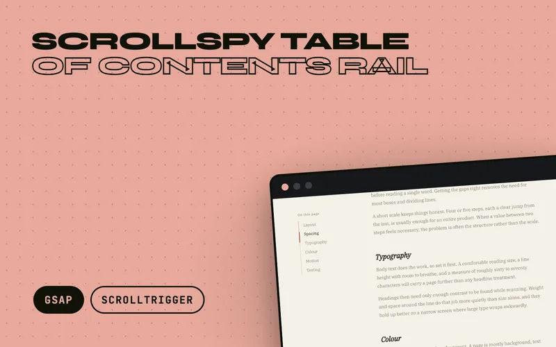 Scrollspy Table of Contents Rail - Sticky table of contents beside a long article, with a marker that slides to the section in view and a reading-progress line down the rail