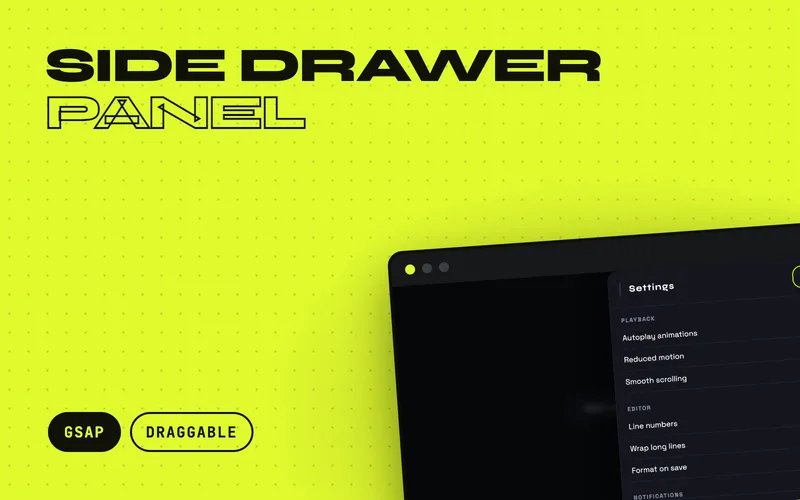 Side Drawer Panel - Right-hand slide-in panel with a dimmed backdrop, a fixed header, a scrollable body, and drag-to-close on the x axis