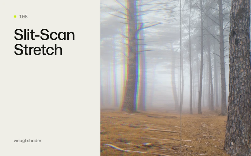 Slit-Scan Stretch effect smearing a foggy pine forest into fringed horizontal streaks behind a moving slit