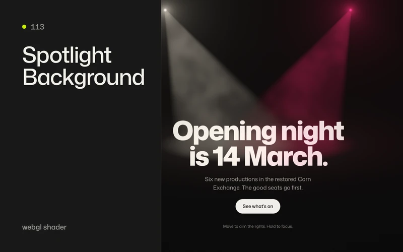 Two stage spotlights, warm white and rose, crossing in haze above a theatre headline on a dark ground