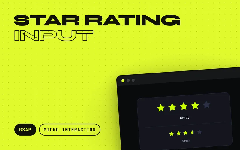 Star Rating Input - Five-star rating on native radios: hovering sweeps the fill up to the pointer with a stagger, clicking locks it with a spring pop, a sparkle and a cross-faded word