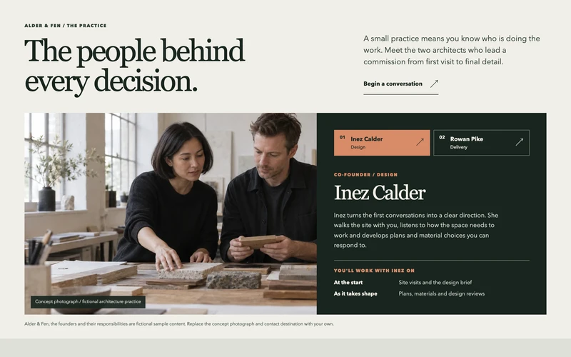 Studio Team Story - An editorial founder introduction where selecting a person changes the working story and reframes a shared studio photograph