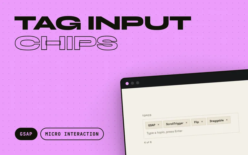 Tag Input Chips - Text input that turns Enter or comma into a chip: chips pop in with a spring, collapse their width on removal and shake when a duplicate is typed