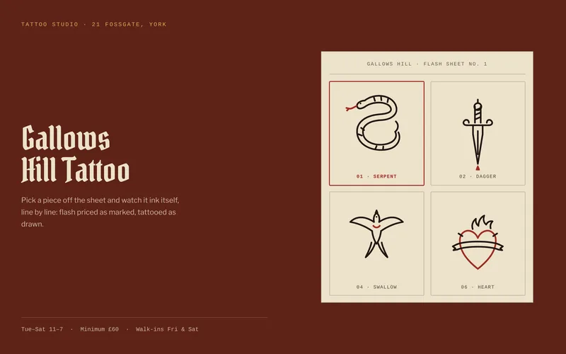 Tattoo Studio Template - A complete one-page site for a tattoo studio, built around a flash-sheet picker: choose a design off the sheet and watch its linework ink itself stroke by stroke with DrawSVG, black lines first, red packed in last
