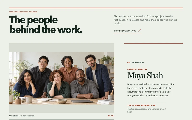Team Through the Project - A single team photograph travels between six people as their individual stories enter view during the scroll