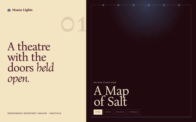 Theatre Venue Template - A complete repertory theatre site with an oxblood playbill identity and a production selector whose stage curtains close, change the show at full cover, then open into a settling house-light glow