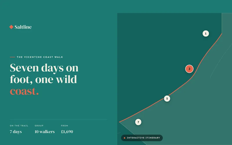 Travel & Tour Template - A complete one-page site for a boutique small-group tour operator, built on a lagoon-teal ground with a coral accent, and an interactive itinerary map whose route line draws itself in as its signature