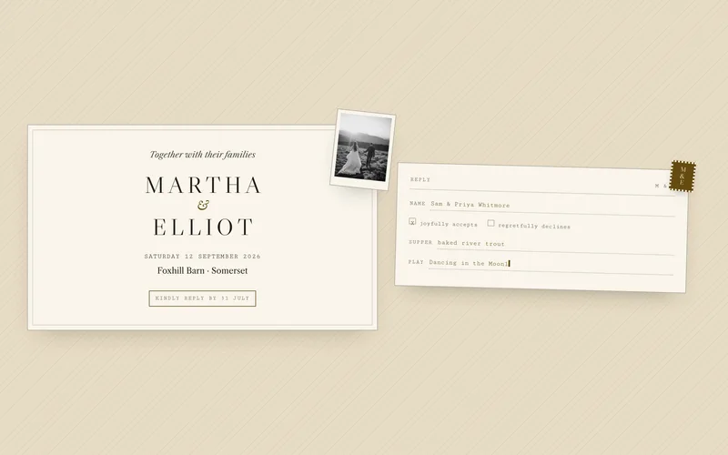 Wedding Template - A wedding one-pager with one job — getting guests to RSVP — built as a stationery suite on champagne and card stock, with a reply card that writes itself in typewriter text and posts itself in an envelope on submit