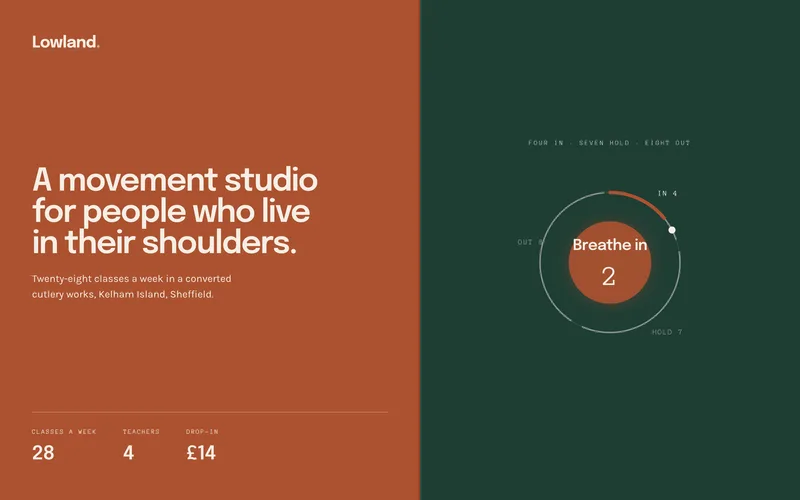 Wellness Studio Template - A complete one-page site for a yoga or movement studio, built on a saturated terracotta ground, with a full-week class timetable and an interactive 4-7-8 breath guide as its signature