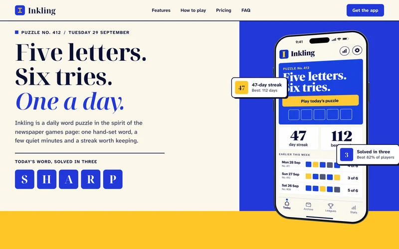 Word Game App Landing - A one-page site for a mobile game or consumer app with a real 3D phone that turns to a new screen as you scroll through four features, and a row of letter tiles that solves itself as the phone glides away